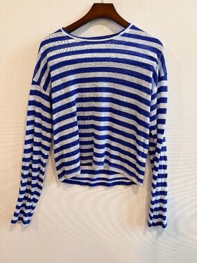 J.Crew 100% Linen Striped Tee XS Blue White Long Sleeve Top Nautical